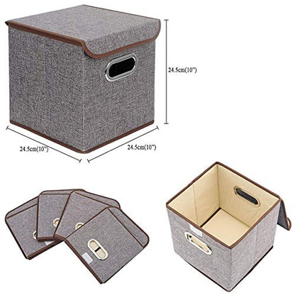 Storage Bin [Set of 4] Linen Fabric Foldable Container with Lid, Collapsible Organizer Boxes Cubes - 10 x 10 x 10 Inches (Gray) - color: Gray