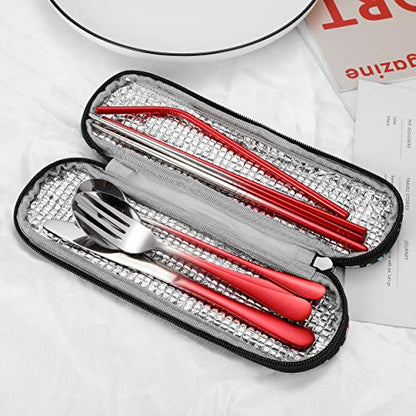Travel Utensils,Reusable Silverware Set To Go Portable Cutlery Set with a Waterproof Carrying Case for Lunch Boxes Workplace Camping Picnic (GraRed) - color: Gradient Red+ TeaSpoon