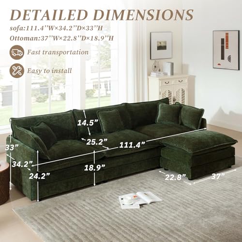 SoarFlash Chenille Sectional Sofa, Comfy L Shaped Modular Coush Sofa with Ottoman, Modern 3 Seat Couch Deep Seat Sofa Set for Living Room,Green - color: Green, size: 3 Seat+1 Ottoman