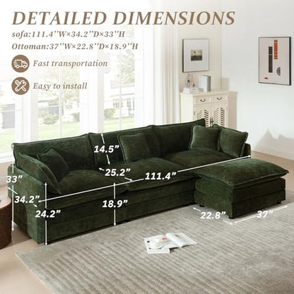 SoarFlash Chenille Sectional Sofa, Comfy L Shaped Modular Coush Sofa with Ottoman, Modern 3 Seat Couch Deep Seat Sofa Set for Living Room,Green - color: Green, size: 3 Seat+1 Ottoman