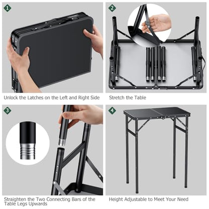 Portable Folding Camping Table 3-Level Height Adjustable Picnic Table with Aluminum Frame and Carry Handle, Lightweight Small Foldable Outdoor Side Table for Camping Travel Beach Hiking RV Indoor Use