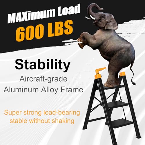 3 Step Ladder with Single-Handrail, Aluminum Step Stool Foldable, Lightweight Sturdy Step Ladder with Anti-Slip Pedals,Convenient Handrail for Home Kitchen Closet, 600lbs Max Load Capacity (Yellow) - color: Yellow, size: 3 steps