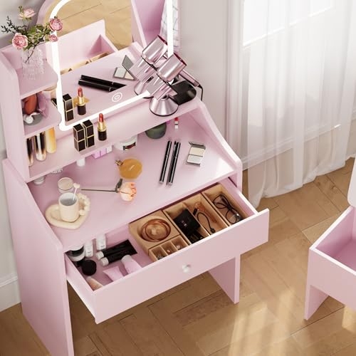 LIKIMIO Small Makeup Vanity Desk with Mirror and Lights, Vanity Table Set with Storage Drawer, Chair and Three Shelves, Bedroom, Pink - color: Pink