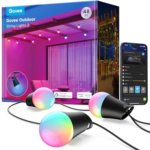 Govee Smart Outdoor String Lights 2, 48ft Outdoor Lights with Dimmable Warm White LED Bulbs, 47 Scene Modes for Patio, Backyard, Balcony, IP65 Waterproof, Works with Alexa, App Control - size: 48ft