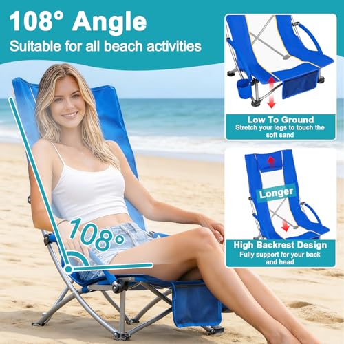 Romswi Compact High Back Beach Chair, Lightweight Low Seat Travel Chair, Beach Chair Fits in Suitcase, 300lbs Heavy Duty Folding Camping Chair with Cup Holder & Pocket, Blue - color: Blue - High Back