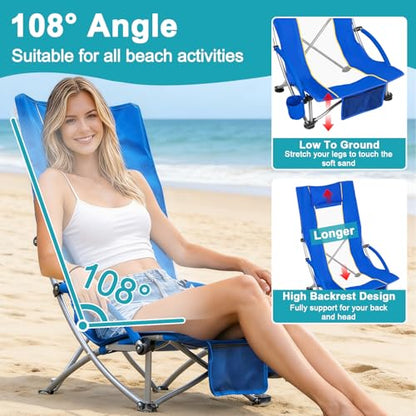 Romswi Compact High Back Beach Chair, Lightweight Low Seat Travel Chair, Beach Chair Fits in Suitcase, 300lbs Heavy Duty Folding Camping Chair with Cup Holder & Pocket, Blue - color: Blue - High Back