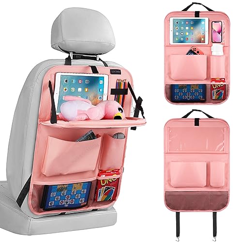 LUCMO Car Backseat Organizer with Tablet Holder,6 Storage Pockets Car Storage Organizer with Foldable Food Tray,Seat Protectors Kick Mats Travel Accessories-Pink - color: Blush Pink, size: 1 Pack with Food Tray