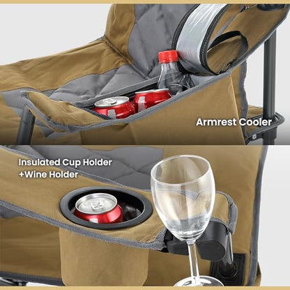 ARROWHEAD OUTDOOR Portable Deluxe Folding Camp Quad Chair w/Headrest, Glass & Cup Holders, Armest 6-can Cooler, Heavy Duty Carry Bag, 550 lbs Weight Capacity - color: Brown