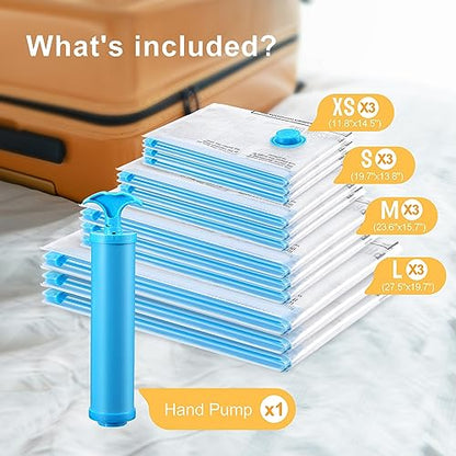 UPGOGO Vacuum Bags for Travel, 12 Pack with Hand Pump, Space Saver Vacuum Storage Bags, Travel Essentials, Clothes, Blankets, Pillows - size: 12 Pack