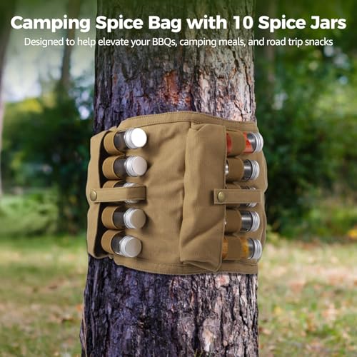 Camping Spice Bag with 10 Jars, Portable Travel Spice Kit with Foldable Seasoning Pouch, Includes 10 Empty Glass Spice Containers, Canvas Storage Bag for Outdoor Cooking, BBQ, RV Trip