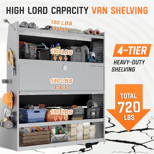 Cargo Van Shelving with Lockable Door Kits,Fit Transit, Nv, Promaster,Sprinter Mid/High Roof,Adjustable Heavy-Duty Steel Van Shelving Storage System W/Hooks & Ropes,52" W X 60" H X 13" D