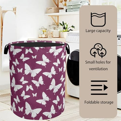 Purple Butterfly Silhouette Laundry Basket with Handles - Extra Large Foldable Hamper for Bathroom/Laundry/Bedroom/Dorm, Washable Fabric Storage Bin - color: Purple Butterfly Silhouette