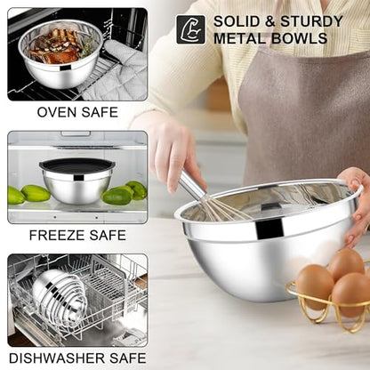 E-far Mixing Bowls with Lids Set, 7-Piece Stainless Steel Metal Mixing Bowls with 3 Grater Attachments, Size 4.6, 3.5, 2.6, 2, 1.5, 1, 0.7QT, Nesting Design & Black Airtight Lids, For Baking/Cooking - color: Black, size: 7 Regular Sizes