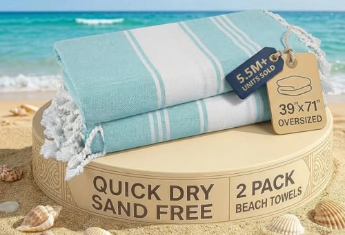 LANE LINEN Beach Towel 2 Pack, Oversized Beach Towel 39"x71", Lightweight Beach Essentials for Women, Large Pool Towel, Absorbent & Quick Dry, Sand Free Beach Towel - Aqua - color: 01: Aqua, size: Pack of 2