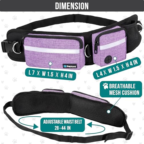 PetAmi Hands Free Dog Leash, Running Leash Belt Bag for Walking, Jogging, Waist Double Zipper Pouch with Poop Dispenser, Dual Padded Handles Reflective Bungee Single, Purple, 1 Leash - color: Purple, size: 1 Leash