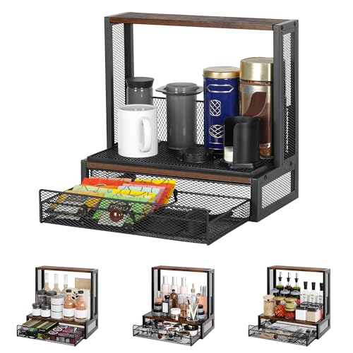 TQVAI Coffee Bar Organizer, Countertop Coffee Station with Drip Mat and Sliding Pods Drawer, Coffee Press Stand Compatible for Original/Go/XL Model Flow Control Filter Cap Scoop, Black/Antique
