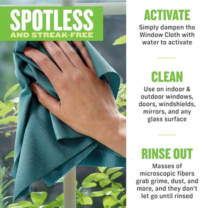 E-Cloth Microfiber Window Cleaning Cloth Kit - Glass Cleaning Cloth for Windows, Mirrors, Cars, Lenses, Eyeglasses, & More, Streak Free Clean, Machine Washable Reusable Towel - Green