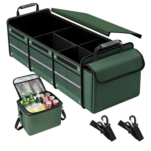Car Trunk Organizer with Removable Cooler Bag - Collapsible Multi-Compartment Storage for SUV Truck Groceries Camping, Durable Nylon Auto Cargo Organizer (Green) - color: Green