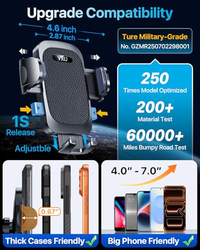 [True Upgrade for Safety] YRU Car Phone Holder Mount [Patent & Military-Grade] Dashboard Cell Phone Holder for Car Vent Windshield Phone Stand for iPhone17 16 15 14 13Pro Max Truck Samsung, Dark Black - color: Dark Black