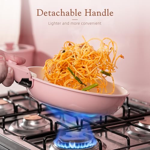Astercook 21 Pcs Pots and Pans Set Non Stick, Ceramic Cookware Set Detachable Handle, RV Kitchen Cooking Set Removable Handles, Oven Safe, Induction Ready, Stackable, Pink, Fathers Day Gift for Men - color: Pink, size: 21 Piece