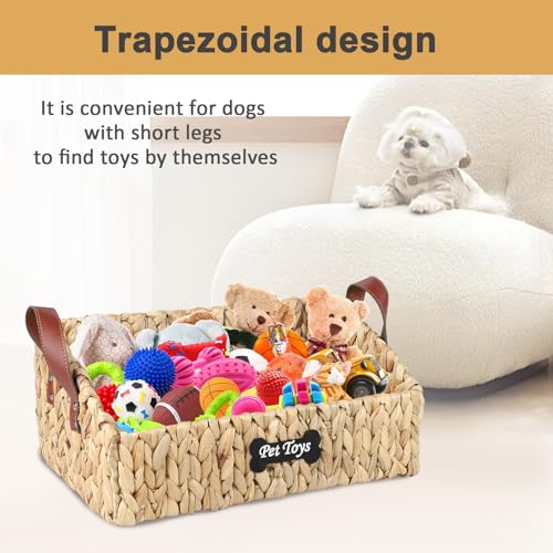 Trapezoid Pet Dog Toy Basket,Medium Dog Toy Bin,Wicker Storage Basket for Dog Cat Toys,Dog Storage Organizer for Leash Blanket Toys Snacks -Natural Farmhouse Water Hyacinth