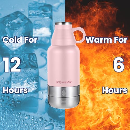 PawsPik 32oz 3-in-1 Travel Dog Water Bottle & Bowl Set – Stainless Steel Vacuum-Insulated Bottle with Detachable Food & Water Bowls, Leak-Proof, Keeps Water Cold 12hrs/Hot 6hrs (Cherry Blossom Pink) - color: Cherry Blossom Pink