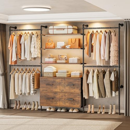 T3 Closet System with Stepless Dimmable LED Light, Industrial Pipe Clothing Rack with 4 Drawers, 6 Wooden Shelves & 4 Telescopic Rods, Heavy Duty Closet Organizers in Wardrobe Closet (Rustic Brown) - color: Rustic Brown