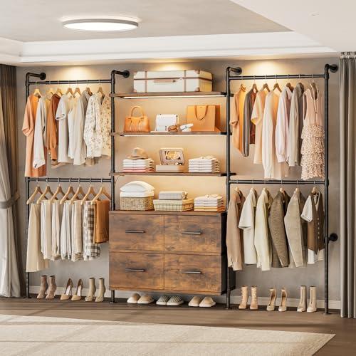 T3 Closet System with Stepless Dimmable LED Light, Industrial Pipe Clothing Rack with 4 Drawers, 6 Wooden Shelves & 4 Telescopic Rods, Heavy Duty Closet Organizers in Wardrobe Closet (Rustic Brown) - color: Rustic Brown