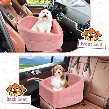 NEEZUKAR Dog Car Seat for Small Medium Dogs,Detachable Washable Dog Booster Seat Under 30lbs, Pet Car Seats Travel Bed with Storage Pockets and Safety Belt(Pink) - color: Pink