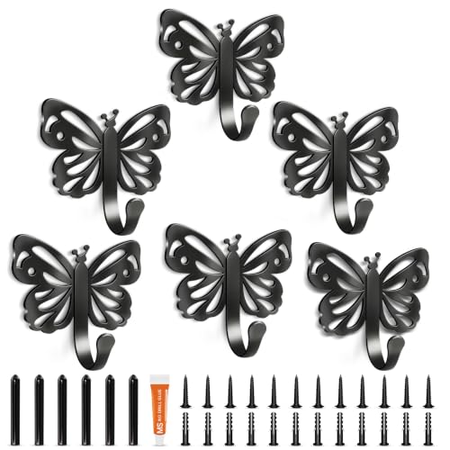 Butterfly Design Metal Hook for Both Screw Mounting and Strong Adhesive | Suitable for Living Room, Bathroom, Kitchen, Bedroom for Coat, Bag, Scarf, Towel, Hat, Key, Cup, Black 6 Set - style: 6B