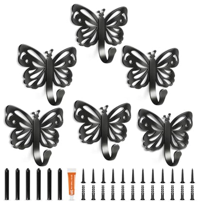 Butterfly Design Metal Hook for Both Screw Mounting and Strong Adhesive | Suitable for Living Room, Bathroom, Kitchen, Bedroom for Coat, Bag, Scarf, Towel, Hat, Key, Cup, Black 6 Set - style: 6B