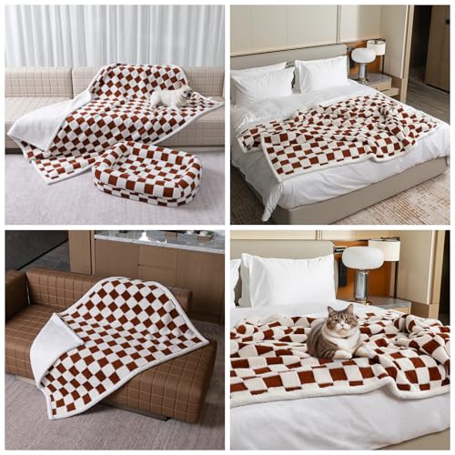 Waterproof Pet Blanket Brown Chercked Dog Throw Blankets for Bed Couch Covers Puppy Cats Stylish Jacquard Sharpa Fleece Mats Pets Sofa Furniture Protection Washable Reversible Covers(Coffee Check,XXL) - color: Coffee Check, size: XXL-216*216cm(85*85in)