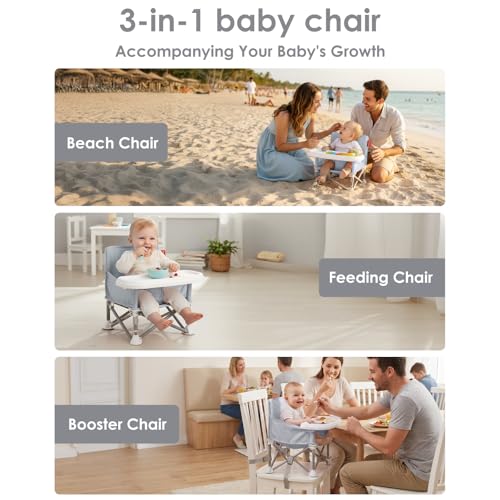 Tiny Marvels Baby Chair, Portable & Foldable for Travel & Beach, Ages 6M-3Y | BPA-Free Material, 3-Point Harness, 3-in-1 Baby Chair, Removable Tray & Carry Bag, Sturdy with Reinforcement, Non-Slip Feet - color: Grey
