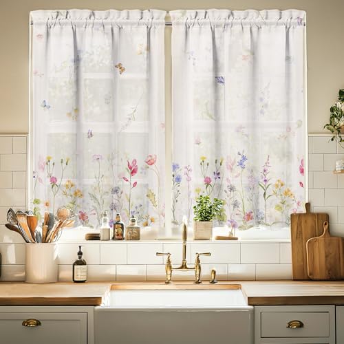 Floral Kitchen Curtains 36 Inch Length White Window Curtain Over Sink Spring Summer Small Short Tier for Bathroom Cafe Rod Pocket (2 Panels, 27.5" W x 36" L) - color: Floral 05, size: 27.5"W x 36"L (Pack of 2)