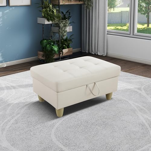 Ottoman, Faux Leather Storage Ottoman Bench, Modern 33.5" Large Square Entryway Bench Ottoman with Storage for Living Room/Apartment/Bedroom/Rv Car,Vanilla White - color: Vanilla White, size: 33.5 inch