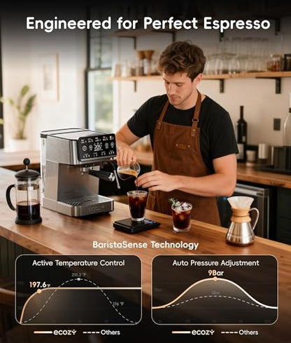 ecozy 4-in-1 Espresso Machine and Coffee Maker Combo with Milk Frother, Cold Brew & Over Ice, Interactive Touch Screen, Stainless Steel, Brezzano Elite Series for Cappuccinos, Lattes, Americanos - color: Stainless Steel