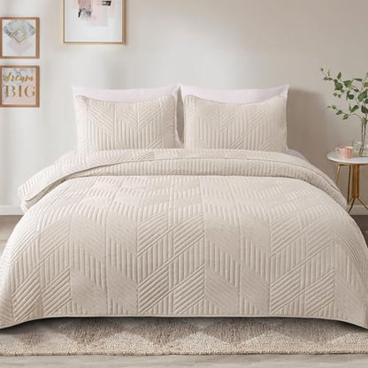 Exclusivo Mezcla Ultrasonic King Quilt Bedding Set, Lightweight Brich Beige Bedspreads Soft Modern Geometric Coverlet Set for All Seasons (1 Quilt and 2 Pillow Shams) - color: Brich Beige, size: King (96"x104")