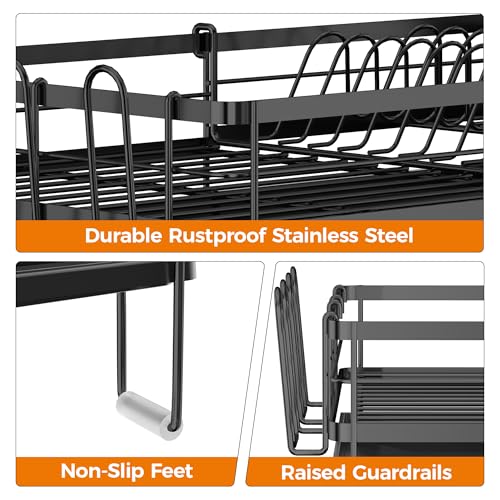 Delamu Stainless Steel Dish Drying Rack, Expandable Dish Drainer, Anti-Rust Large Dish Racks for Kitchen Counter, Dish Strainers with Drainboard, Utensil & Cup Holder, 13.4"-28.7" L x 11.8" W, Black - color: Black