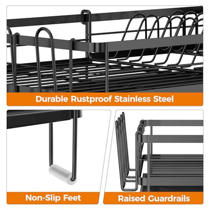 Delamu Stainless Steel Dish Drying Rack, Expandable Dish Drainer, Anti-Rust Large Dish Racks for Kitchen Counter, Dish Strainers with Drainboard, Utensil & Cup Holder, 13.4"-28.7" L x 11.8" W, Black - color: Black