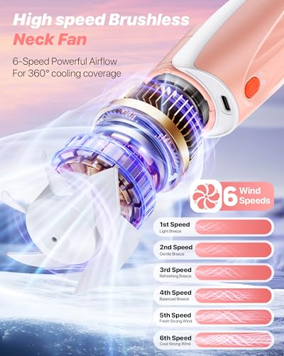 Kesguar Portable Neck Fan, 20H RunTime Cooling Fan, 6 Speeds 360° Airflow Personal Fan, Rechargeable Hands Free with 6000mAh Battery Wearable Fan Gifts for Women Men Outdoor Travel Camping - color: Pink