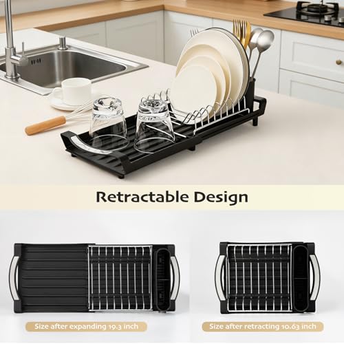 Extendable Dish Drying Rack, Stainless Steel, Over Sink or Counter, with Utensil Holder