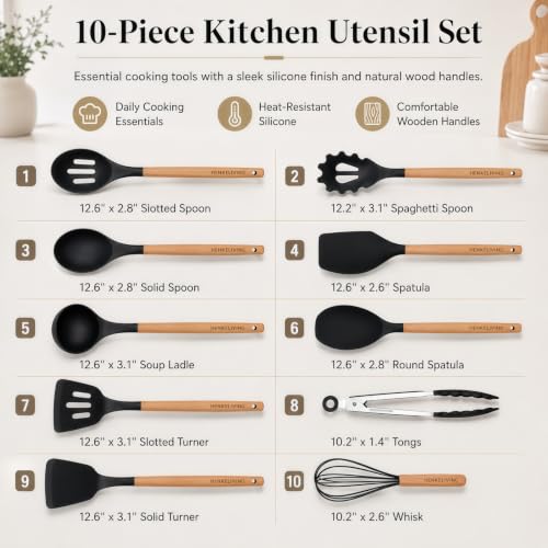 Silicone 10 Pcs Kitchen Cooking Utensils Set, Recycled Materials Certification, BPA Free Spatula Set with Heat Resistant Wood Handles for Nonstick Cookware, Black - color: Black