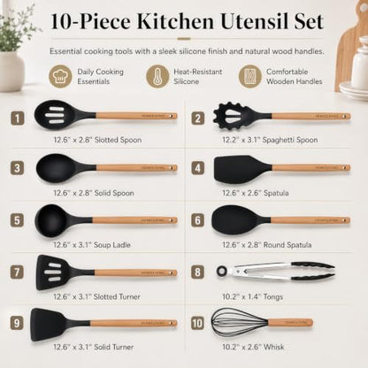 Silicone 10 Pcs Kitchen Cooking Utensils Set, Recycled Materials Certification, BPA Free Spatula Set with Heat Resistant Wood Handles for Nonstick Cookware, Black - color: Black