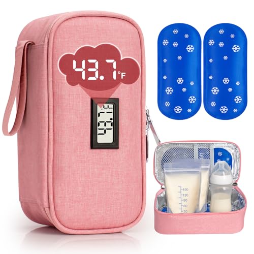 SUNMON Breast Milk Cooler Bag with Real-Time Temperature Display, Portable Travel Breastmilk Storage Case, Includes 2 Reusable Ice Packs, for Pumping Moms on The Go (Pink) - color: Pink