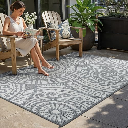 HUGEAR 5x8 Outdoor Boho Rug Grey Patio Waterproof Rug Home Decor Reversible Plastic Straw Rugs Outside Indoor Floor Mat for Camping Balcony RV Deck Porch Pool Backyard - color: Boho/Grey, size: 5' x 8' (Rectangular)