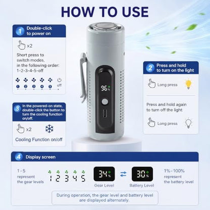 Portable Handheld Fan with Ice Cooling Plate, 3 in 1 Mini Personal Fan with Light & Clip, 5 Speed Rechargeable Fan with LED Display & Hidden Stand, Hands Free Camping Fan for Travel, Desk (Blue) - color: F9A-B2