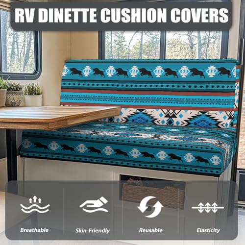 RV Dinette Cushions Covers Blue Aztec Bear Print Soft Camper Seat Dinette Booth Camper Cushion Covers Sofa Slipcovers Accessories for Travel Trailer Couch - color: Blue Aztec Bear