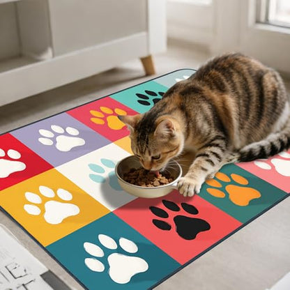 Nuxovilar Pet Dog Supplies Food Mat Colorful Paw-Printed Polyester (23.62×17.71 inches) Bowl Water Spill Pad Feeding Gear for Kitchen, Dining Spot, Pet Nook - color: LU13721