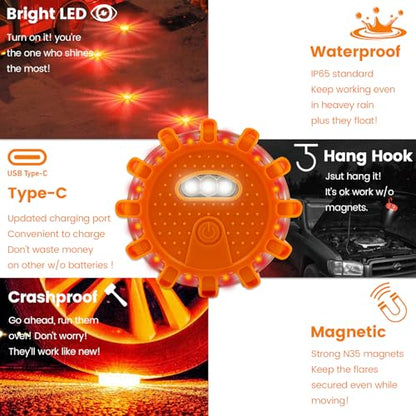 Ecoangel USB-C Rechargeable LED Road Flares Emergency Lights-Large Capacity (Lithium Battery) 3 in 1 Cable Roadside Warning Car Safety Beacon Flashing Disc Kit with Magnetic Base for Vehicles - color: USB-C 3PACK