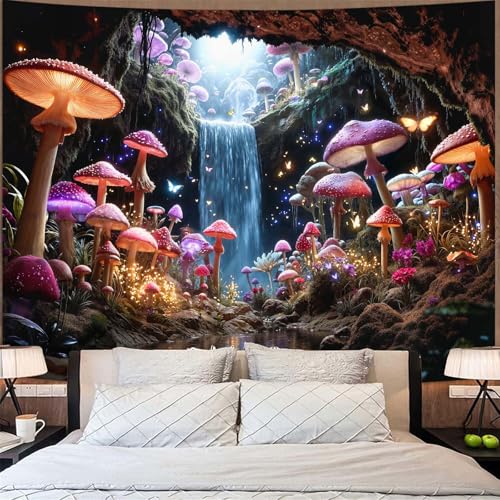 Zussun Fantasy Mushroom Waterfull Tapestry Fairy Butterfly Cave Wall Tapestry for Bedroom Aesthetic Nature Magic Floral Large Tapestries Wall Hanging for Dorm Living Room Decor 80 x 60 Inch - color: Cold Red, size: 80"L x 60"W